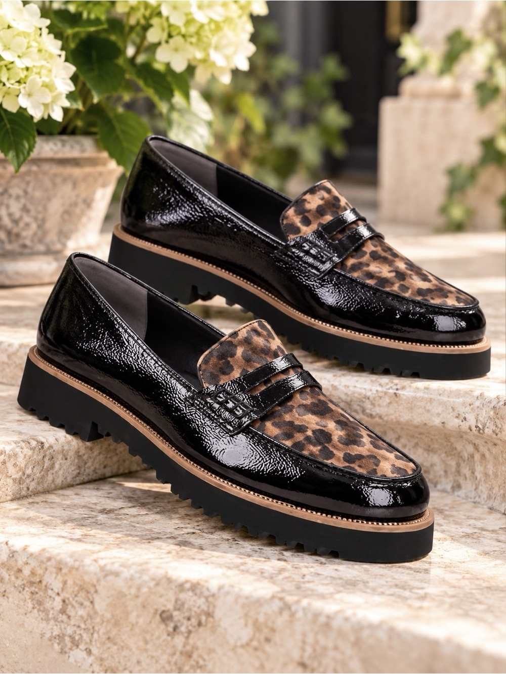 Paul Green Martina Leopard Platform Loafers Black Patent Leather UK 7.5 US 10